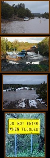 Flooded ranch roads and Do Not Enter When Flooded sign